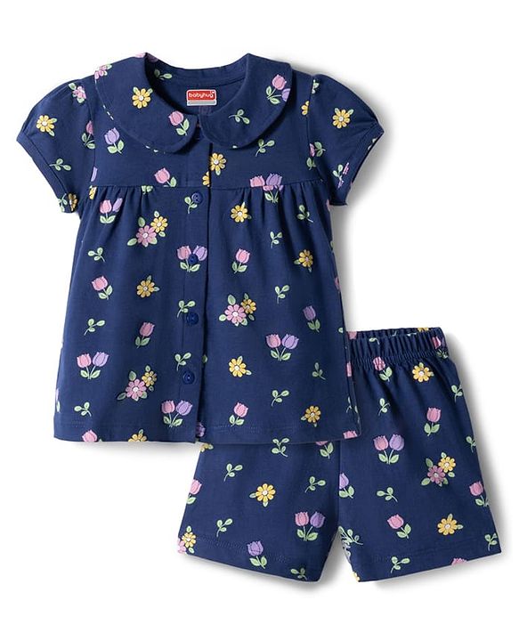Babyhug Cotton Knit Half  Sleeves Top & Shorts Co-ord Night Suit With Floral Print - Navy Blue