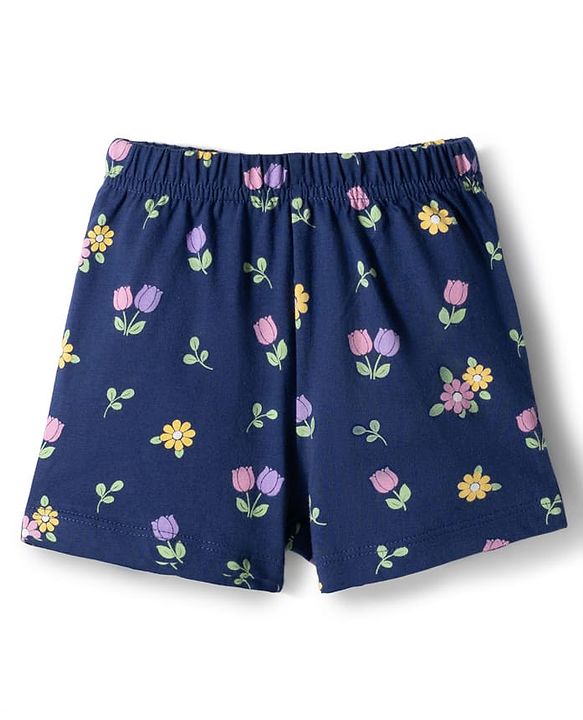 Babyhug Cotton Knit Half  Sleeves Top & Shorts Co-ord Night Suit With Floral Print - Navy Blue