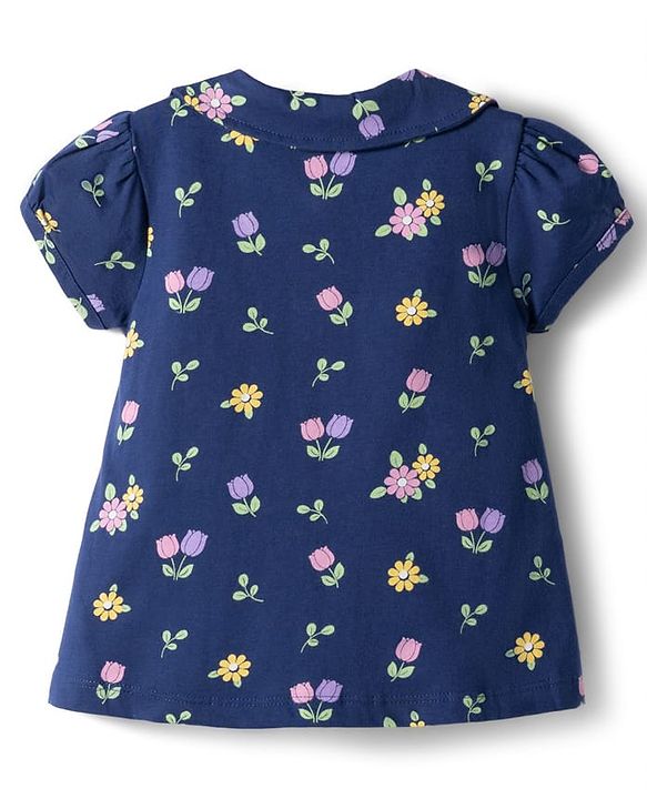 Babyhug Cotton Knit Half  Sleeves Top & Shorts Co-ord Night Suit With Floral Print - Navy Blue