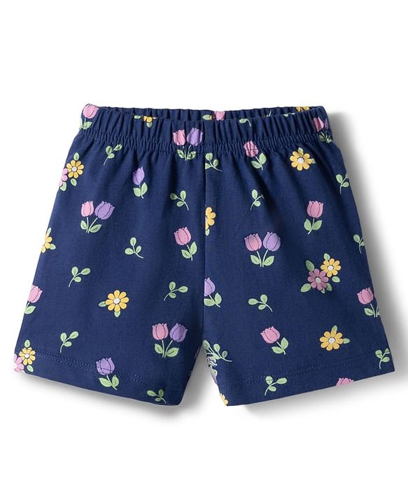 Babyhug Cotton Knit Half  Sleeves Top & Shorts Co-ord Night Suit With Floral Print - Navy Blue