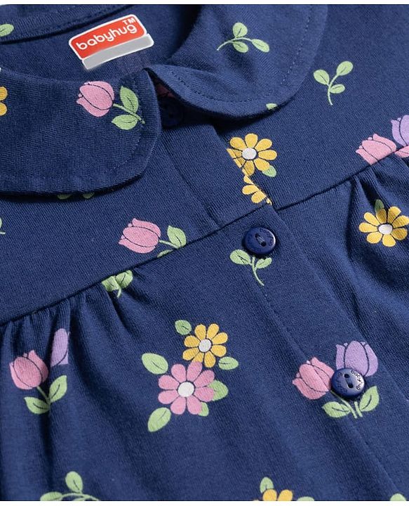 Babyhug Cotton Knit Half  Sleeves Top & Shorts Co-ord Night Suit With Floral Print - Navy Blue