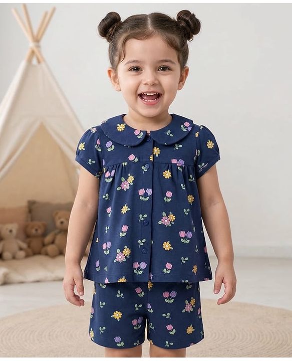 Babyhug Cotton Knit Half  Sleeves Top & Shorts Co-ord Night Suit With Floral Print - Navy Blue