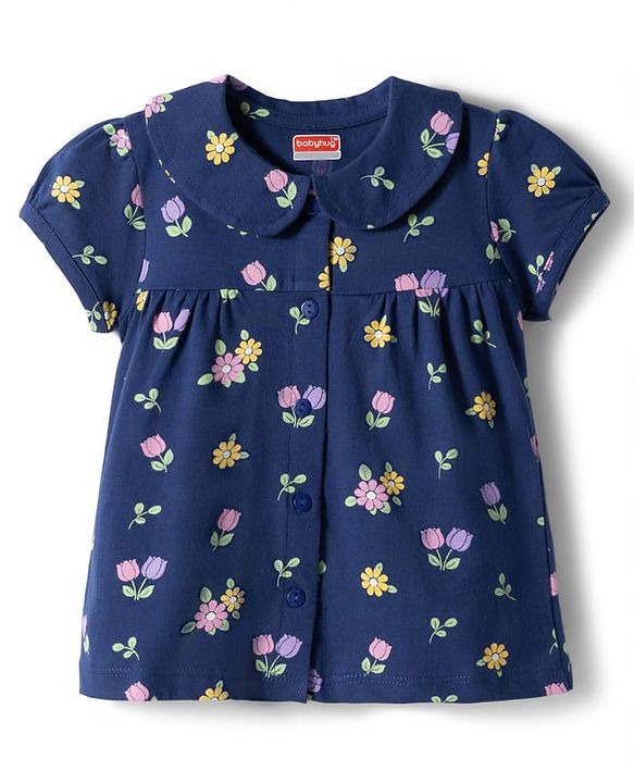 Babyhug Cotton Knit Half  Sleeves Top & Shorts Co-ord Night Suit With Floral Print - Navy Blue