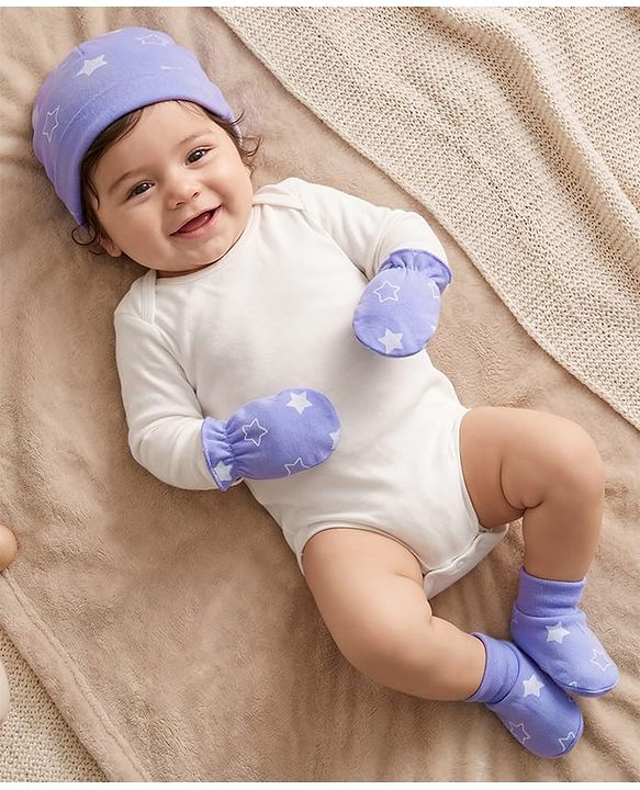 Babyhug 100% Cotton Interlock Knit Star Printed Cap Mittens & Booties Set Lilac - Diameter 10 cm
