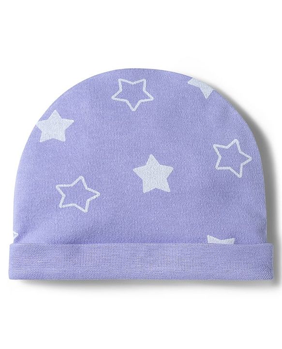 Babyhug 100% Cotton Interlock Knit Star Printed Cap Mittens & Booties Set Lilac - Diameter 10 cm