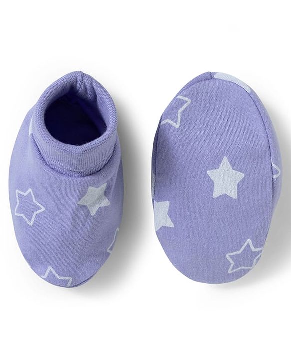Babyhug 100% Cotton Interlock Knit Star Printed Cap Mittens & Booties Set Lilac - Diameter 10 cm