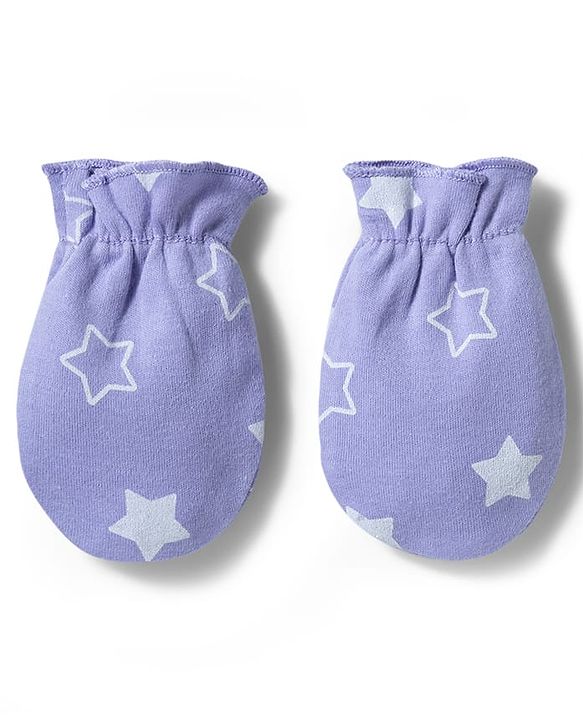 Babyhug 100% Cotton Interlock Knit Star Printed Cap Mittens & Booties Set Lilac - Diameter 10 cm