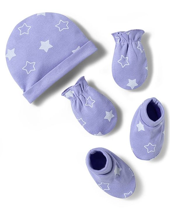 Babyhug 100% Cotton Interlock Knit Star Printed Cap Mittens & Booties Set Lilac - Diameter 10 cm