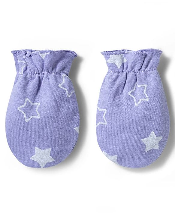 Babyhug 100% Cotton Interlock Knit Star Printed Cap Mittens & Booties Set Lilac - Diameter 10 cm