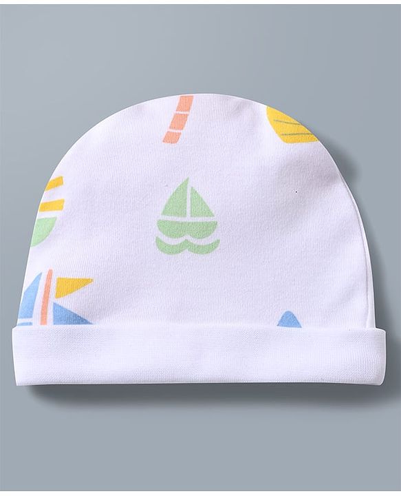 Babyhug 100% Cotton Knit Cap Mitten & Booties with Boat Print White - Diameter 9.5 cm