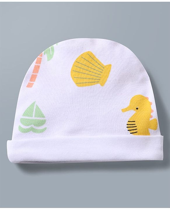 Babyhug 100% Cotton Knit Cap Mitten & Booties with Boat Print White - Diameter 9.5 cm