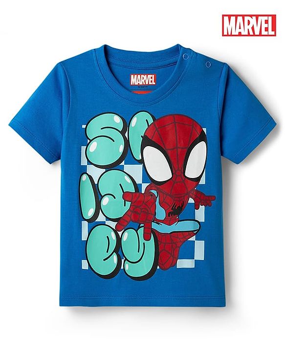 Babyhug Marvel Cotton Knit T-Shirt with Half Sleeves and Spiderman Graphics Blue 6-9 Months