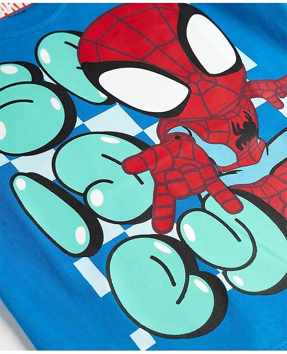 Babyhug Marvel Cotton Knit T-Shirt with Half Sleeves and Spiderman Graphics Blue 6-9 Months