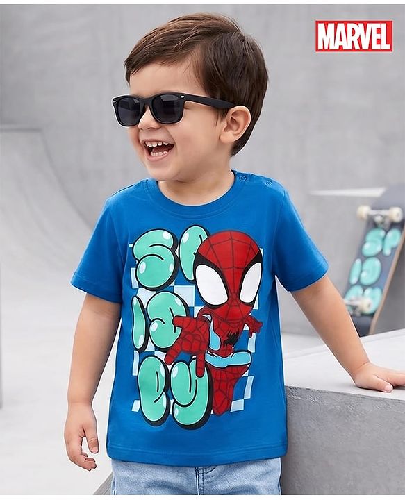 Babyhug Marvel Cotton Knit T-Shirt with Half Sleeves and Spiderman Graphics Blue 6-9 Months
