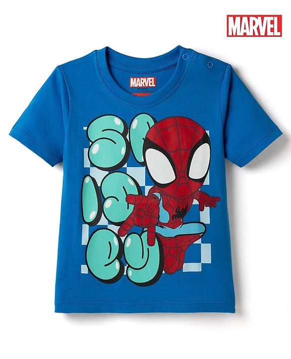 Babyhug Marvel Cotton Knit T-Shirt with Half Sleeves and Spiderman Graphics Blue 6-9 Months