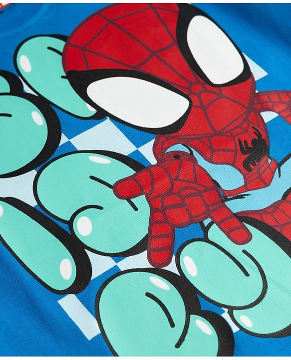 Babyhug Marvel Cotton Knit T-Shirt with Half Sleeves and Spiderman Graphics Blue 6-9 Months