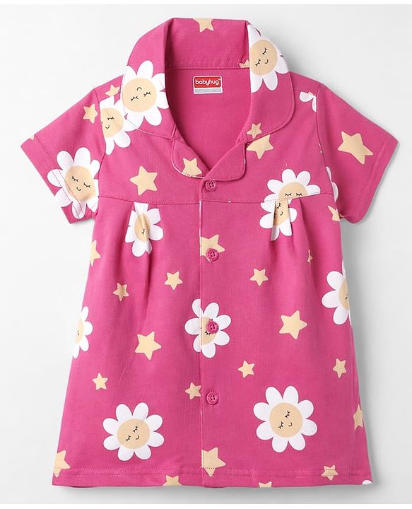 Babyhug Cotton Knit Front Open Half Sleeves Co-Ords Floral Printed Short Night Suit - Dark Pink