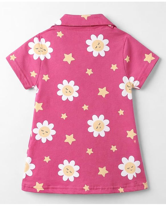 Babyhug Cotton Knit Front Open Half Sleeves Co-Ords Floral Printed Short Night Suit - Dark Pink