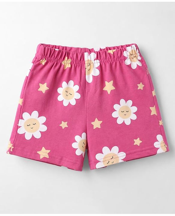 Babyhug Cotton Knit Front Open Half Sleeves Co-Ords Floral Printed Short Night Suit - Dark Pink