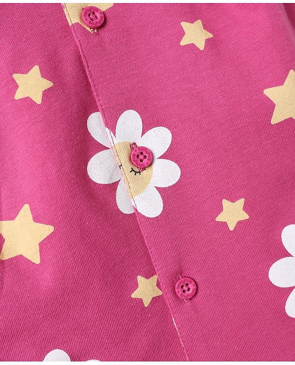 Babyhug Cotton Knit Front Open Half Sleeves Co-Ords Floral Printed Short Night Suit - Dark Pink