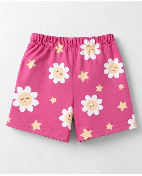 Babyhug Cotton Knit Front Open Half Sleeves Co-Ords Floral Printed Short Night Suit - Dark Pink