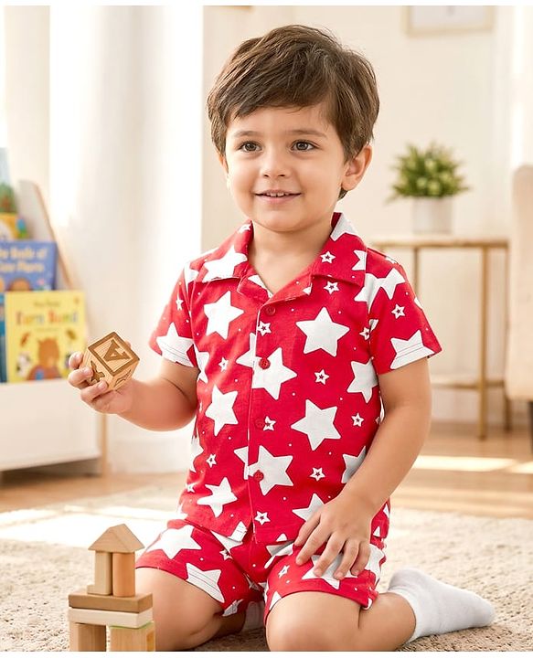 Babyhug Cotton Knit Half Sleeves Shirt & Shorts Co-ord Night Suit With Star Print - Red