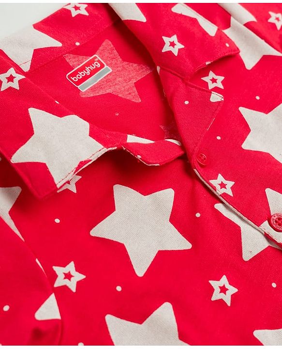 Babyhug Cotton Knit Half Sleeves Shirt & Shorts Co-ord Night Suit With Star Print - Red