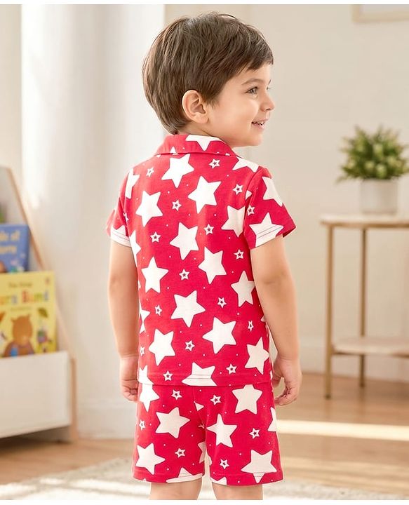 Babyhug Cotton Knit Half Sleeves Shirt & Shorts Co-ord Night Suit With Star Print - Red