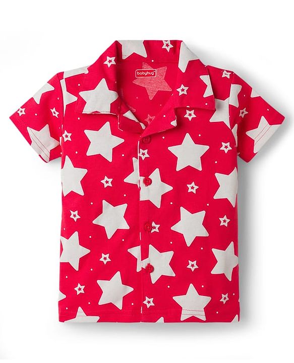Babyhug Cotton Knit Half Sleeves Shirt & Shorts Co-ord Night Suit With Star Print - Red
