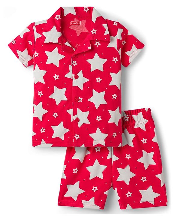 Babyhug Cotton Knit Half Sleeves Shirt & Shorts Co-ord Night Suit With Star Print - Red