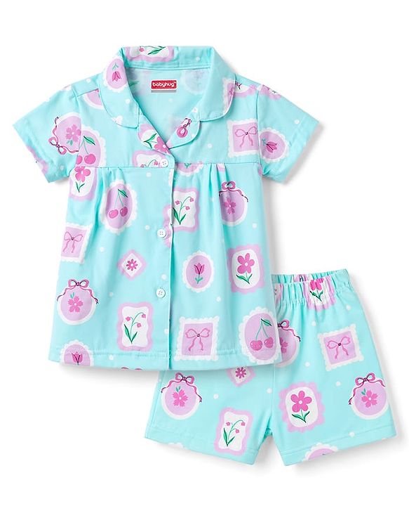 Babyhug Cotton Knit Half Sleeves Shirt & Shorts Co-ord Night Suit with Floral Print - Blue