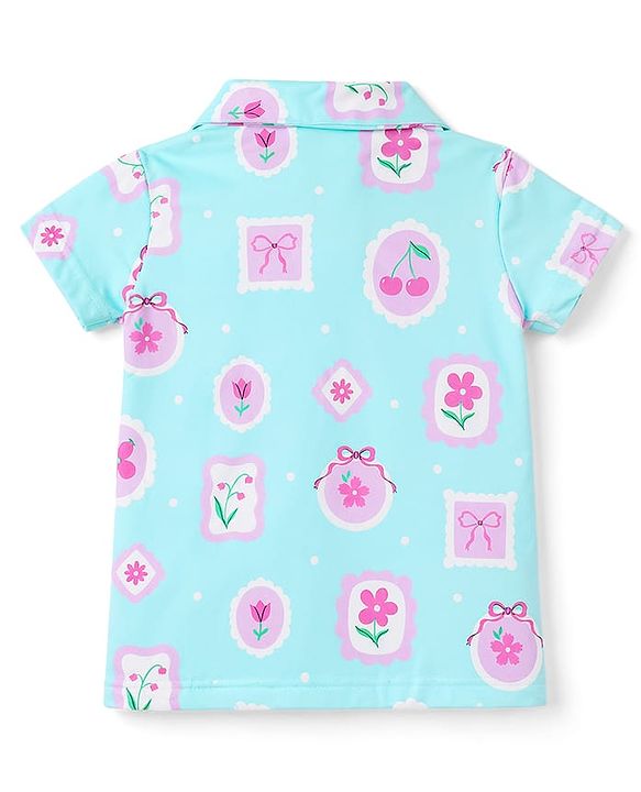 Babyhug Cotton Knit Half Sleeves Shirt & Shorts Co-ord Night Suit with Floral Print - Blue