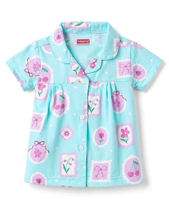 Babyhug Cotton Knit Half Sleeves Shirt & Shorts Co-ord Night Suit with Floral Print - Blue