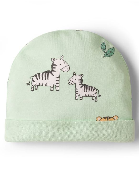 Babyhug 100% Cotton Interlock Knit Animal Printed Cap Mittens & Booties Set Light Green - Diameter 11 cm