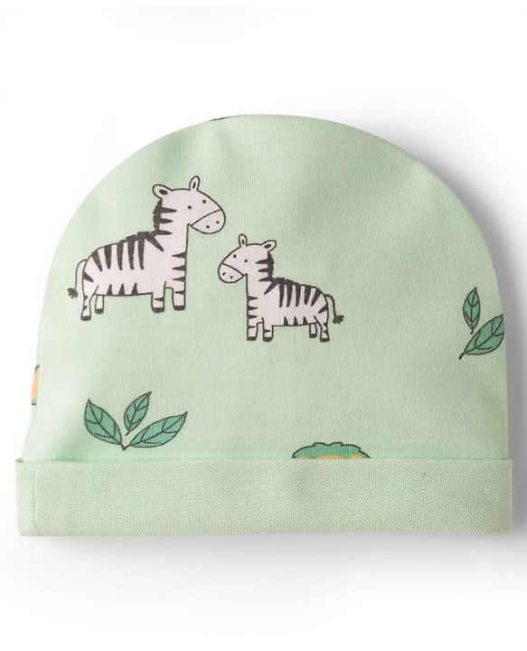 Babyhug 100% Cotton Interlock Knit Animal Printed Cap Mittens & Booties Set Light Green - Diameter 11 cm