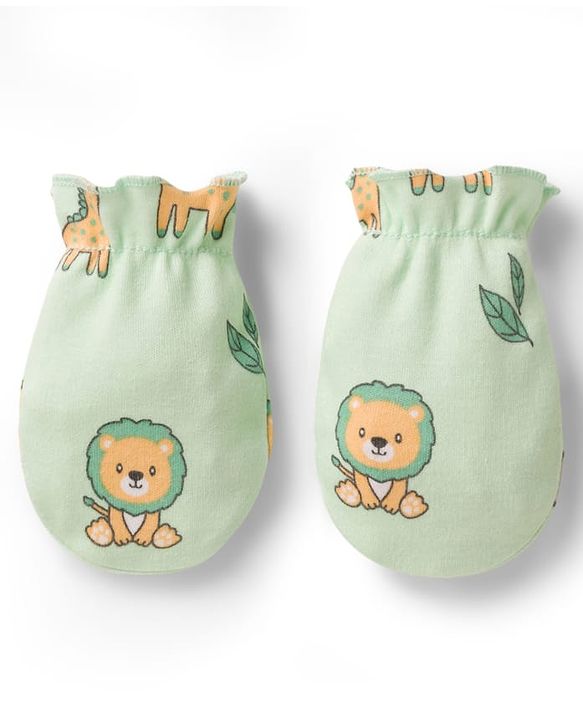 Babyhug 100% Cotton Interlock Knit Animal Printed Cap Mittens & Booties Set Light Green - Diameter 11 cm