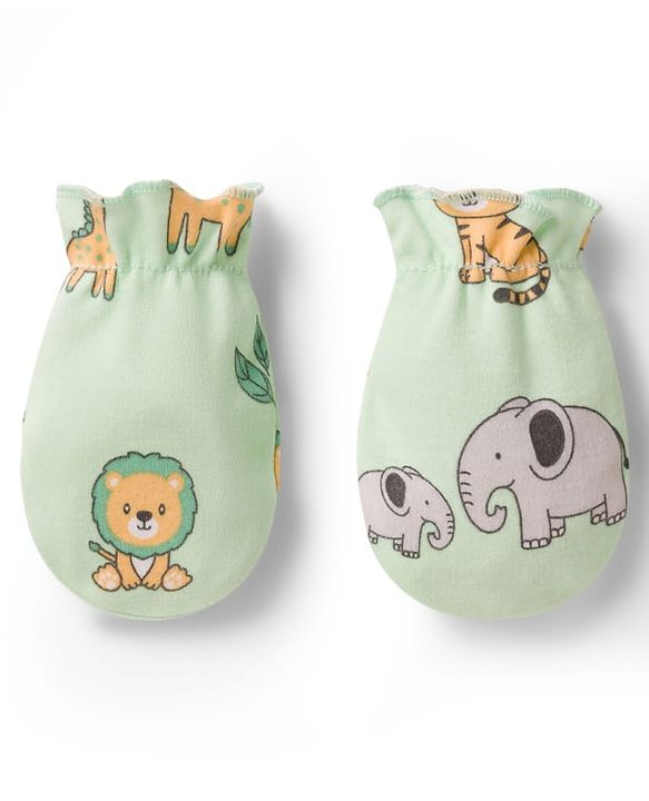 Babyhug 100% Cotton Interlock Knit Animal Printed Cap Mittens & Booties Set Light Green - Diameter 11 cm