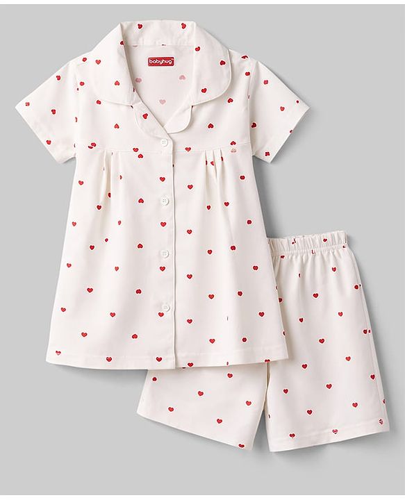 Babyhug Cotton Knit Half Sleeves Co-Ord Top & Shorts Night-Suit With Heart Print - Peach