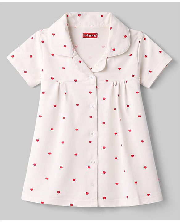 Babyhug Cotton Knit Half Sleeves Co-Ord Top & Shorts Night-Suit With Heart Print - Peach