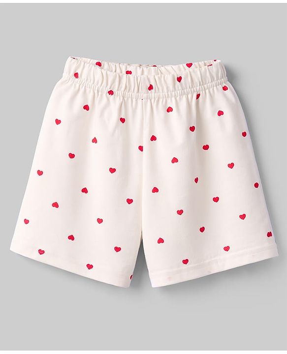 Babyhug Cotton Knit Half Sleeves Co-Ord Top & Shorts Night-Suit With Heart Print - Peach