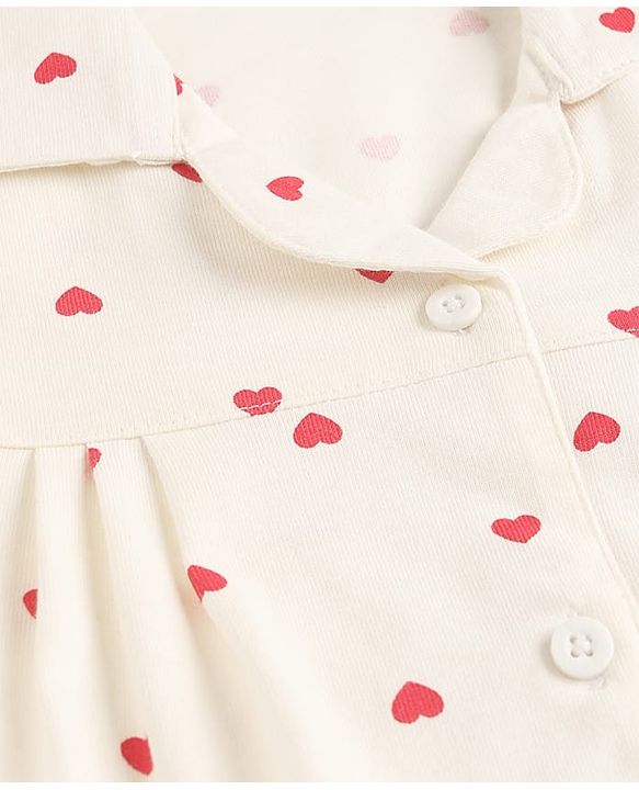 Babyhug Cotton Knit Half Sleeves Co-Ord Top & Shorts Night-Suit With Heart Print - Peach