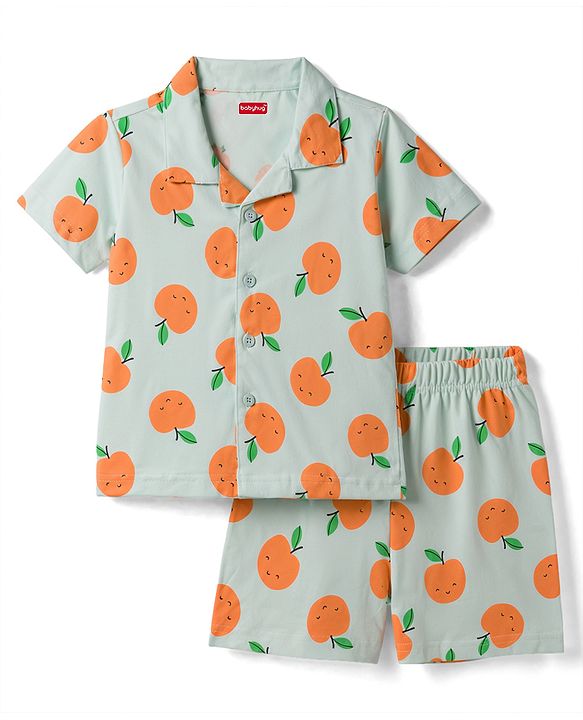 Babyhug Cotton Knit Half Sleeves Tropical Theme Printed Co-Ords Shirt & Shorts Night Suit Set - Light Blue