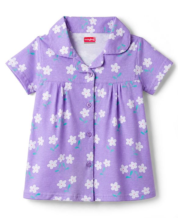 Babyhug Cotton Knit Front Open Half Sleeves Shorts & Top Night Suit Floral Print - Lavender