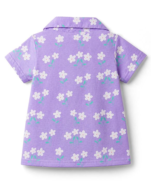 Babyhug Cotton Knit Front Open Half Sleeves Shorts & Top Night Suit Floral Print - Lavender