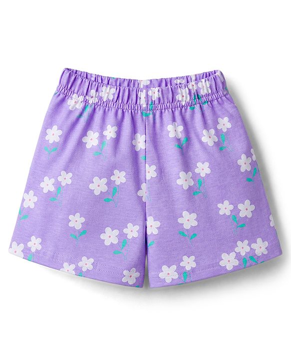 Babyhug Cotton Knit Front Open Half Sleeves Shorts & Top Night Suit Floral Print - Lavender