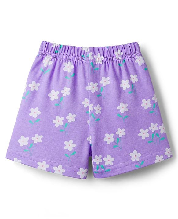 Babyhug Cotton Knit Front Open Half Sleeves Shorts & Top Night Suit Floral Print - Lavender