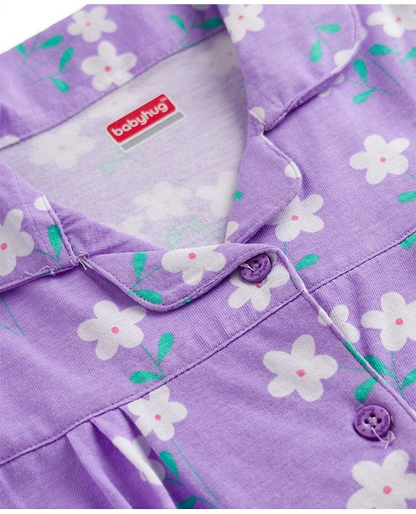 Babyhug Cotton Knit Front Open Half Sleeves Shorts & Top Night Suit Floral Print - Lavender