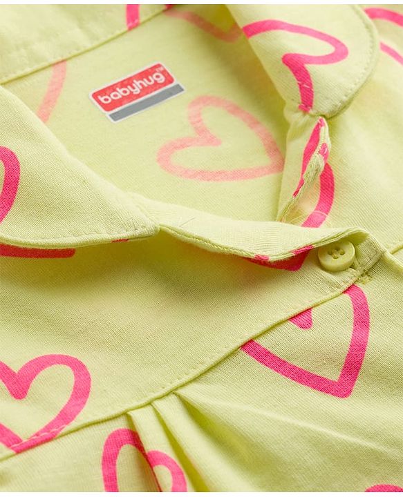 Babyhug Cotton Knit Half Sleeves Hearts Printed Co-Ords Top & Shorts Night Suit - Lime Green
