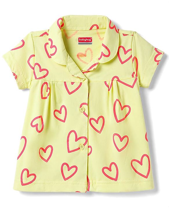 Babyhug Cotton Knit Half Sleeves Hearts Printed Co-Ords Top & Shorts Night Suit - Lime Green