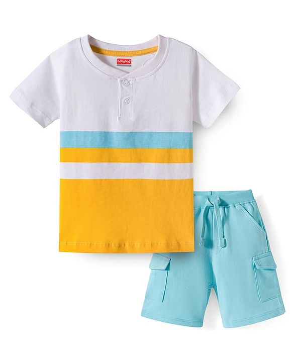 Babyhug Single Jersey Knit Half Sleeves Striped T-Shirt & Shorts Set - Multicolor